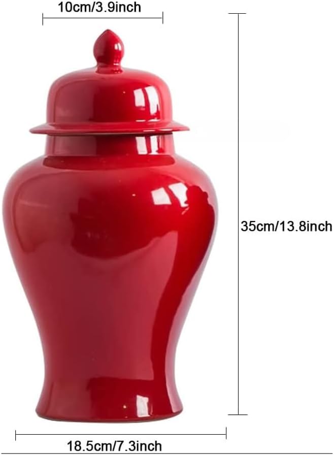 Solid Red Ceramic Ginger Jar with Lid for Home DecorTradition Flower Vase Chinoiserie Jar Porcelain Temple Jars Vase Decor for Centerpiece TableLiving Room Decor B