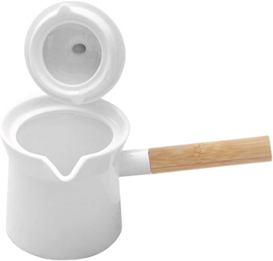 Unomor Mini Sauce Pan Ceramic Milk Pan Porcelain Tea Pot with Lid Wooden Handle 350ml Butter Warmer Mini Cooking Pot Coffee Pitcher for Soup Drink Kung Fu Tea White