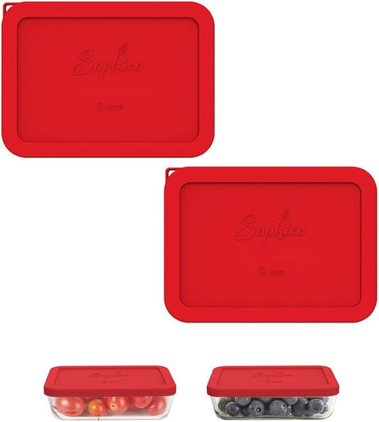 Sophico 3 Cup Rectangle Silicone Storage Cover Lids Replacement for Pyrex 7210-PC Glass Bowls, Container not Included (RED, 2 Pack)