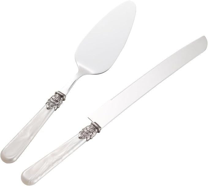 2-piece Cake Knife and Serve Set, Fancy Hand Craft Italian Design, Vintage Pie Knife Server Set with Handle, Cake Cutter Set (White)
