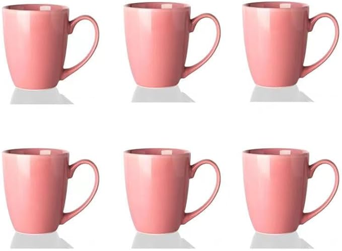 13 Ounce Porcelain Mugs, Set of 6, Tea and Coffee Mug Set, Pink