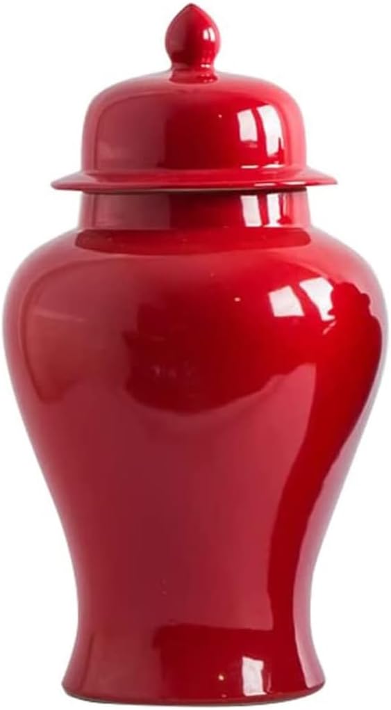 Solid Red Ceramic Ginger Jar with Lid for Home DecorTradition Flower Vase Chinoiserie Jar Porcelain Temple Jars Vase Decor for Centerpiece TableLiving Room Decor B