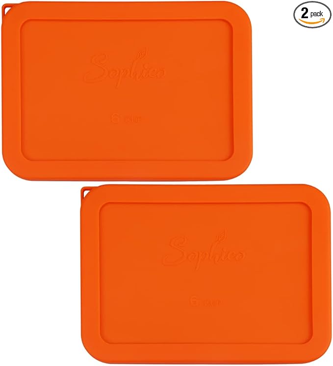 Sophico 6 Cup Rectangle Silicone Storage Cover Lids Replacement for Pyrex 7211-PC Glass Bowls, Container not Included (Orange)