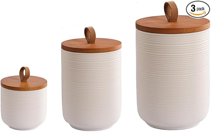 Comeon Ceramics Canister with Lid, Matcha Container Jar for Spice Sugar Tea Bag Coffee Canister Sets for Kitchen Counter with Bamboo Lid (White three-piece suit)