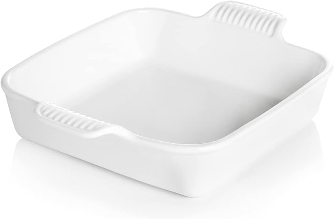 Sweejar Ceramic Baking Dish, 8 x 8 Cake Baking Pan for Brownie, Porcelain Square Bakeware with Double Handle for Casserole, Lasagna, Family Dinner (White)