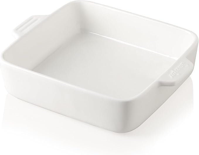 Sweejar Ceramic Baking Dish, 8 x 8 Cake Baking Pan for Brownie, Porcelain Square Bakeware with Double Handle for Casserole, Lasagna, Family Dinner (White)
