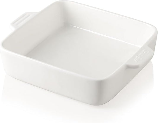 Sweejar Ceramic Baking Dish, 8 x 8 Cake Baking Pan for Brownie, Porcelain Square Bakeware with Double Handle for Casserole, Lasagna, Family Dinner (White)