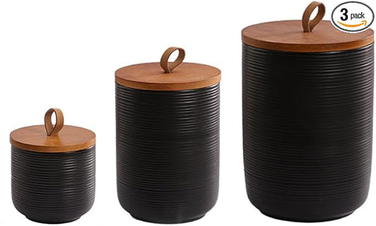Comeon Ceramics Canister with Lid, Matcha Container Jar for Spice Sugar Tea Bag Coffee Canister Sets for Kitchen Counter with Bamboo Lid (Black three-piece set)
