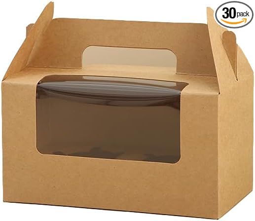 30Pcs 16.5×9.5×9cm/6.49×3.74×3.54 inch Kraft Paper Cupcake Packing Box Christmas Gift Box with Clear Window 2 Cavity Muffin Cupcake Wedding Party Birthday Favors (30Pcs Kraft)