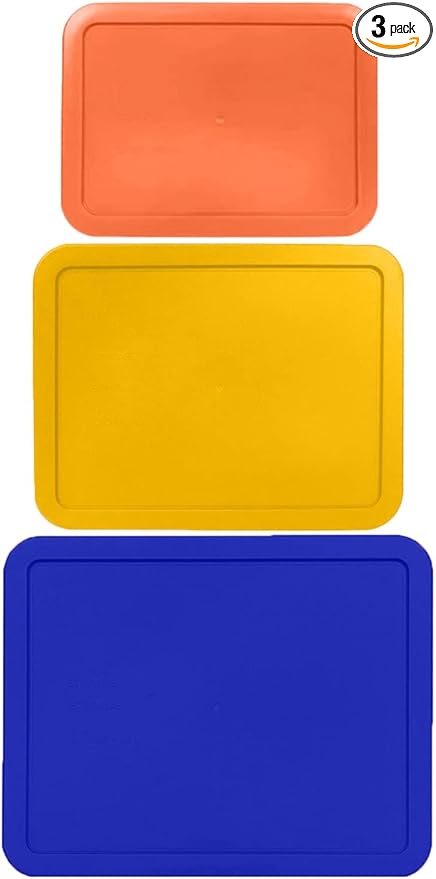 3, 6 & 11 Cup Orange, Yellow, Blue Replacement Lids/Covers for Pyrex, Anchor Hocking & KlareWare Storage Bowls *Lids Only Glass Container Not Included* (3 Pack *One of Each Size*)