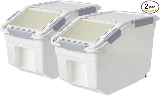 20Lbs 2 Pack Food Storage Container with Scoop, Airtight Rice Storage Bins Flour Containers Pet Food Dispenser with Handle & Wheels, Plastic Kitchen Pantry Organization for Cereal Baking Supplies