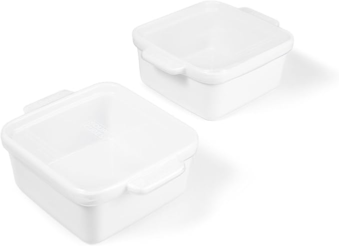 Souper Cubes Stoneware - 5" x 5" Baking Dishes for Oven with Silicone Covers, Premium Mini Ceramic Baking Dishes, Perfect for Reheating Individual Portions in Oven or Microwave, Set of 2 - White