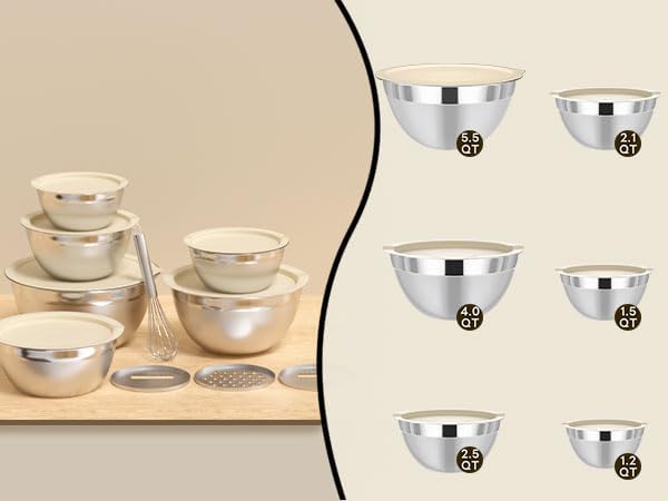 Mixing Bowls with Lids Set 10pcs | Stainless Steel Mixing Bowls with Graters and Egg Whisk,Nesting Bowls Set for Baking, Cooking, Meal Storage(1.2QT-5.5QT)