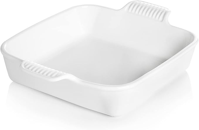 Sweejar Ceramic Baking Dish, 9 x 9 Cake Baking Pan for Brownie, Porcelain Square Bakeware with Double Handle for Casserole, Lasagna, Family Dinner (White)