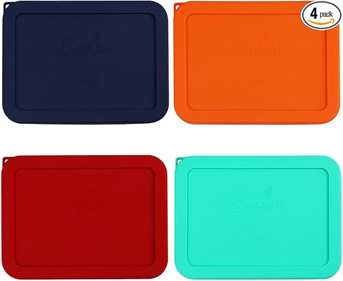 Sophico 6 Cup Rectangle Silicone Storage Cover Lids Replacement for Pyrex 7211-PC Glass Bowls, Container not Included (MIX)