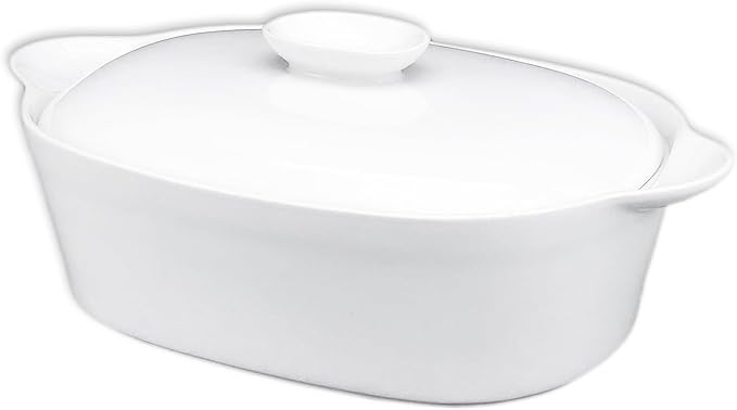 Casserole Dish with Lids, 2 Quart French White Ceramic Tureens, 12.8" x 7.9" Baking Dish, Serving Tureen Soup, for Casseroles, Lasagna Cookware Set, Microwave, Oven Safe