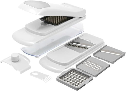 10-Piece Vegetable Chopper, Spiralizer, Slicer – Multi-Functional Chopper & Slicer with 5 Blades, Food Storage Container and Hand Guard – Ideal for Vegetables, Fruits & More - Gray