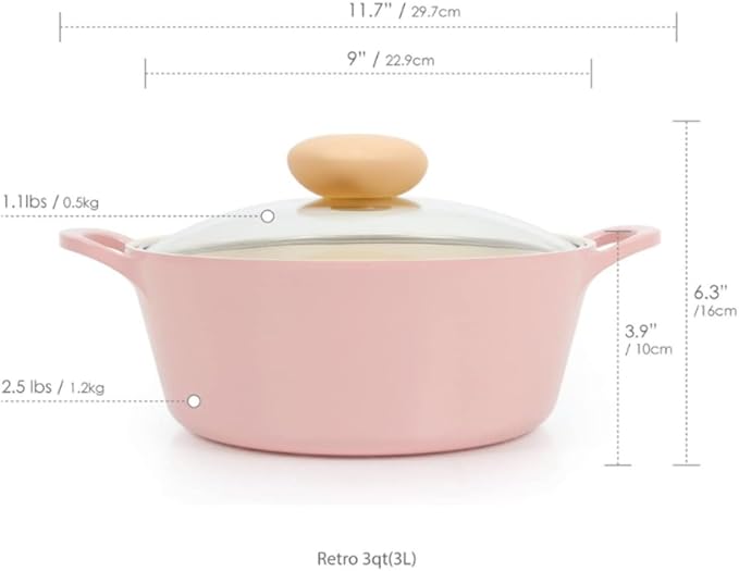 Neoflam Retro 3QT Stockpot with Lid – 8.7" (22cm) Nonstick Ceramic Coated Casserole, Saute Pot, Dutch Oven with Silicone Handle Holder, Dishwasher Safe, Elegant Kitchen Cookware, Made in Korea