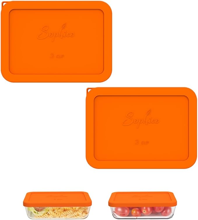 Sophico 3 Cup Rectangle Silicone Storage Cover Lids Replacement for Pyrex 7210-PC Glass Bowls, Container not Included (ORANGE, 2 Pack)
