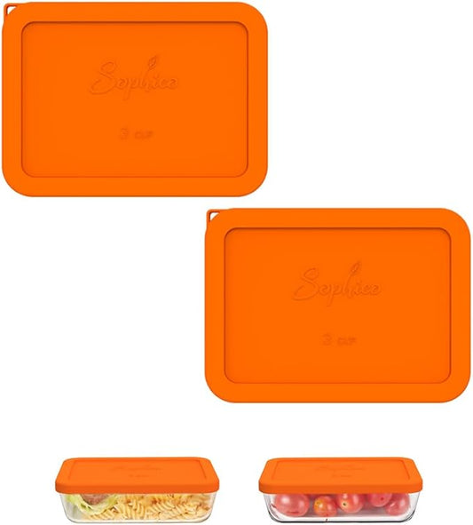 Sophico 3 Cup Rectangle Silicone Storage Cover Lids Replacement for Pyrex 7210-PC Glass Bowls, Container not Included (ORANGE, 2 Pack)