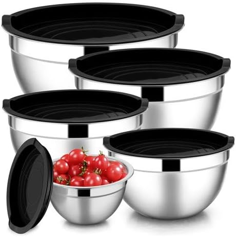 5-Piece Stainless Steel Mixing Bowls Set with Plastic Lids – Nesting Stackable Bowls for Cooking, Baking & Food Prep – Space-Saving Kitchen Storage