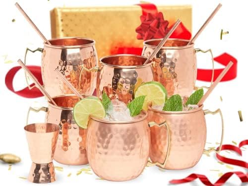 [Gift Set] Moscow Mule Copper Mugs Set of 12 (16oz) w/Straws & Jigger | 100% Pure Copper Cups, Tarnish-Resistant Food Grade Lacquered Finish, Ergonomic Handle (No Rivet) w/Solid Grip