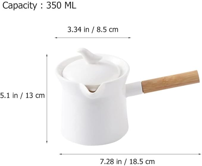 Unomor Mini Sauce Pan Ceramic Milk Pan Porcelain Tea Pot with Lid Wooden Handle 350ml Butter Warmer Mini Cooking Pot Coffee Pitcher for Soup Drink Kung Fu Tea White