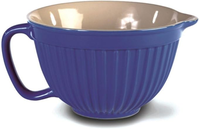 Omniware Simsbury Stoneware Batter Bowl - 2 Quart Mixing Bowl with Handle & Pour Spout - Microwave, Oven, Freezer, Dishwasher Safe - Lead-Free, Food-Safe Glaze (Blue)