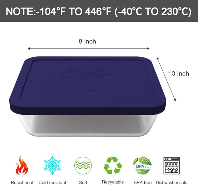 Sophico 11 Cup Rectangle Silicone Storage Cover Lids Replacement for Pyrex 7212-PC Glass Bowls, Container not Included (NAVY BLUE- 2PACK)