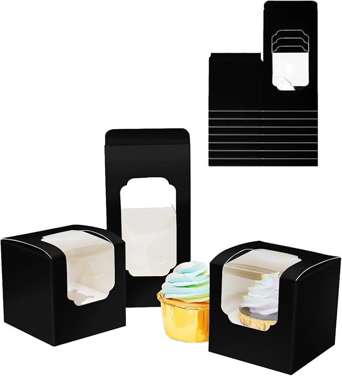 Bakepacker Auto-pop up Cupcake Boxes 30-Packs Individual Cupcake Container Black 3.5" x 3.5" x 3.5" Single Cupcake Boxes