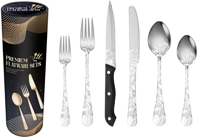 Premium 24 Piece Western Pattern Steak Knife,Fork and Spoon Set,Set for 4,Stainless Steel Cutlery Set with Gift-Ready Box,Dishwasher Safe, Ergonomic Design (Silver)