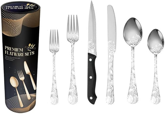 Premium 24 Piece Western Pattern Steak Knife,Fork and Spoon Set,Set for 4,Stainless Steel Cutlery Set with Gift-Ready Box,Dishwasher Safe, Ergonomic Design (Silver)