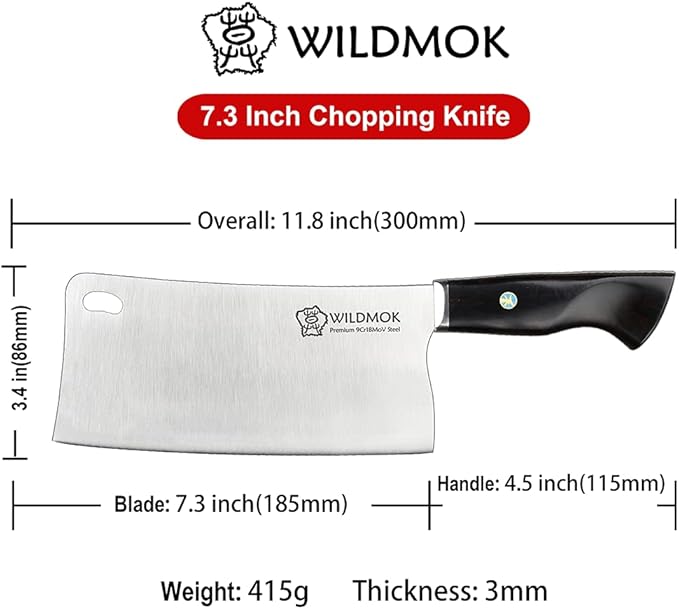 WILDMOK Chopping Knife, 7.3 Inch Meat Cleaver Knife, Thickened Blade for Bones Chopper, 9Cr18MoV Stainless Steel with Ebony Wood Handle - Fen Series