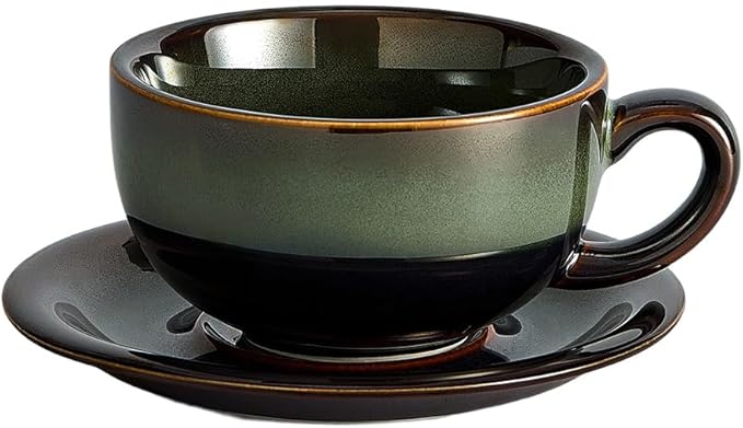 Vintage Design 12 oz Ceramic Latte Art Cappuccino Barista Cup with Saucer (Sea Grey)