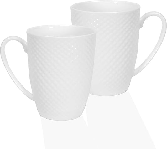 12 Oz White Coffee Mugs Set of 2, Fine Bone China Mugs, Ceramic Coffee Cups Set, Rhombus Relief Texture, Lightweight Tea Mugs for Latte, Hot Cocoa, Women, Men