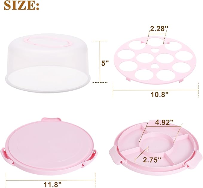 Cake Carrier with Lid and Handle, Cake Container Cupcake Holder for 10 inch Cake with 2 Handles Cupcake Carriers - Cover Two Sided Base for Transport Storage Pies Nuts, Pink Round Cake Stand