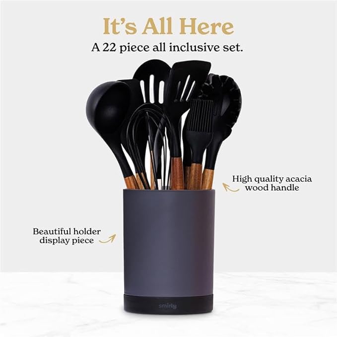 SMIRLY Kitchen Utensils Set – 22-Piece Silicone Cooking Utensils Set, Spatula Set with Holder, Wooden Handle Silicone Kitchen Gadgets for Nonstick Cookware