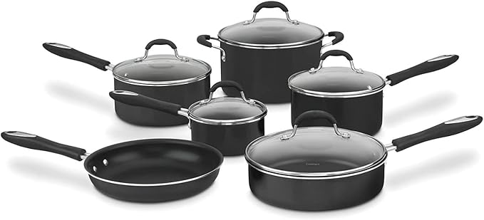 Cuisinart Advantage Nonstick Cookware Set, 11-Piece Pots and Pans Cooking Set with Aluminum Core for Quick and Even Heating, Easy Grip Handles, Dishwasher Safe, 55-11BK