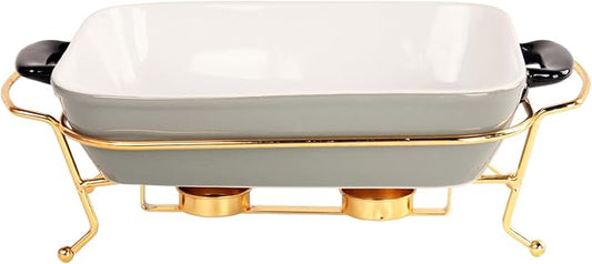 Ceramic Casserole Dish 1.3 Quart Bakeware with rack, 9 x 6 Lasagna Pan, Buffet, hot pot, Catering Casserole for party, Bakeware With Handle, Microwave, Dishwasher, Oven Safe (Gray with rack)