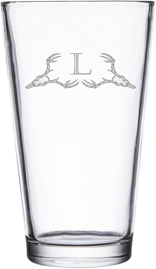Hat Shark Deer Skull Letter Monogram Pint Beer Glass, 16 oz, Clear, A-Z Initials (1, Letter L)