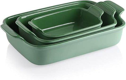 Sweejar Baking Pans Set, Ceramic 9x13 Baking Dish with Handle, Rectangular Casserole Dishes for Oven, Bakeware Sets of 3, Durable Lasagna Pan Deep for Kitchen, Banquet, Wedding Gift(Green)