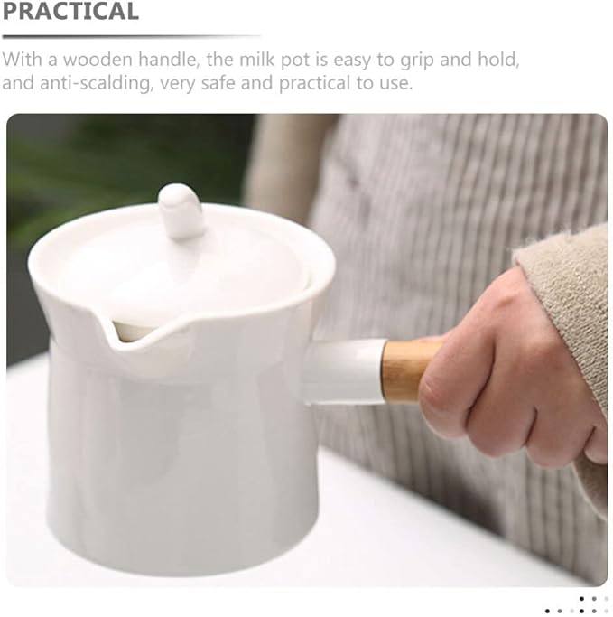 Unomor Mini Sauce Pan Ceramic Milk Pan Porcelain Tea Pot with Lid Wooden Handle 350ml Butter Warmer Mini Cooking Pot Coffee Pitcher for Soup Drink Kung Fu Tea White