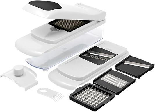 10-Piece Vegetable Chopper, Spiralizer, Slicer – Multi-Functional Chopper & Slicer with 5 Blades, Food Storage Container and Hand Guard – Ideal for Vegetables, Fruits & More - White