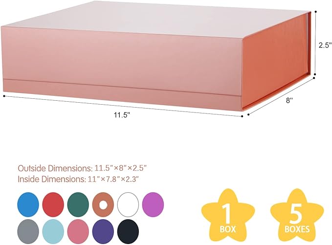 Rose Gold Gift Boxes 11x7.8x2.3 Inches, Magnetic Closure Shirt Boxes with Lids (5 Pack)
