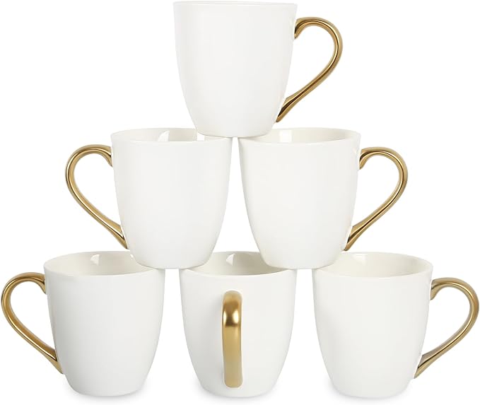 vicrays Coffee Mug Set, 11 Ounce, Set of 6, Ceramic Mug for Men, Women, Unique Glazed Mugs with Handle for Coffee, Tea, Milk, Cocoa, Cereal(White with Golden)