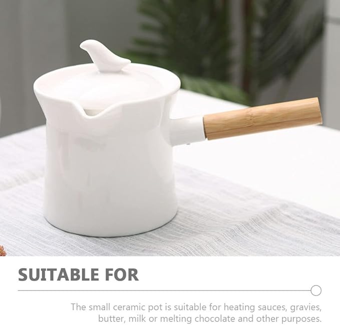 Unomor Mini Sauce Pan Ceramic Milk Pan Porcelain Tea Pot with Lid Wooden Handle 350ml Butter Warmer Mini Cooking Pot Coffee Pitcher for Soup Drink Kung Fu Tea White