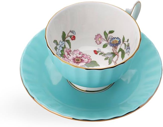 Aynsley Handpainting Colored Glaze Pembroke Oban Fine Bone China English Tea Cup and Saucer Set, 6.1 oz (Turq)