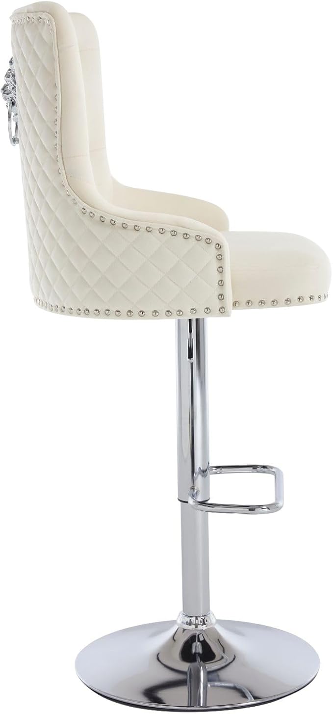 Beige Velvet Bar Stools Set of 2 with High Tufted Backrest, Lion Pull Ring, Chrome Base Footrest for Kitchen Island