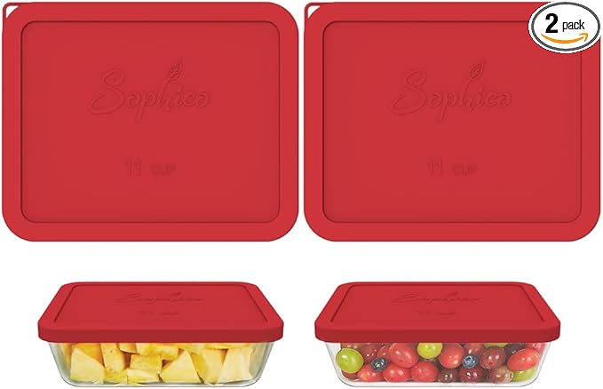 Sophico 11 Cup Rectangle Silicone Storage Cover Lids Replacement for Pyrex 7212-PC Glass Bowls, Container not Included (RED-2PACK)
