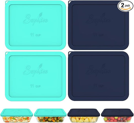 Sophico 11 Cup Rectangle Silicone Storage Cover Lids Replacement for Pyrex 7212-PC Glass Bowls, Container not Included (MINT-NAVY BLUE)
